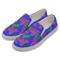 Pink Tigers On A Blue Background Men s Canvas Slip Ons by SychEva