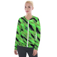 Green  Waves Abstract Series No7 Velvet Zip Up Jacket by DimitriosArt