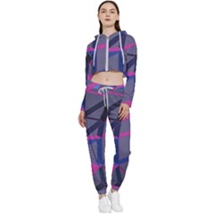 3d Lovely Geo Lines Cropped Zip Up Lounge Set by Uniqued