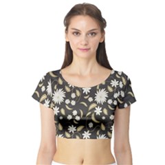 Folk Flowers Print Floral Pattern Ethnic Art Short Sleeve Crop Top by Eskimos