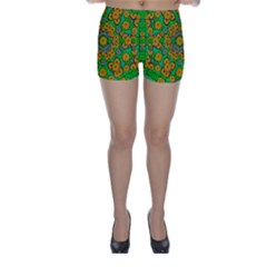 Stars Of Decorative Colorful And Peaceful  Flowers Skinny Shorts by pepitasart