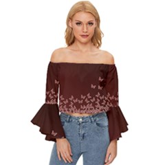 Red Gradient Butterflies Pattern, Nature Theme Off Shoulder Flutter Bell Sleeve Top by Casemiro