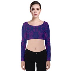 Floral Folk Damask Pattern Fantasy Flowers  Velvet Long Sleeve Crop Top by Eskimos