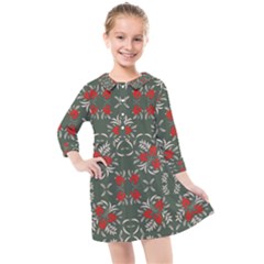 Floral Folk Damask Pattern Fantasy Flowers Floral Geometric Fantasy Kids  Quarter Sleeve Shirt Dress by Eskimos