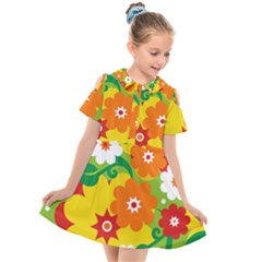 Flower Power Wallpaper Green Yellow Orange Red Kids  Short Sleeve Shirt Dress by EDDArt