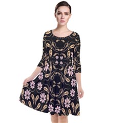 Folk Flowers Print Floral Pattern Ethnic Art Quarter Sleeve Waist Band Dress by Eskimos