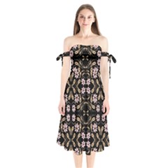 Folk Flowers Print Floral Pattern Ethnic Art Shoulder Tie Bardot Midi Dress by Eskimos