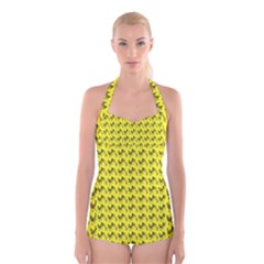 Fern Pattern 2 Yellow Boyleg Halter Swimsuit  by violetheavensky