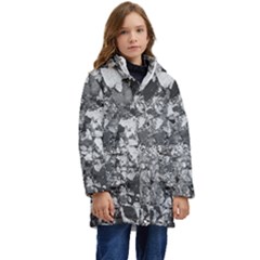 Black And White Debris Texture Print Kid s Hooded Longline Puffer Jacket by dflcprintsclothing