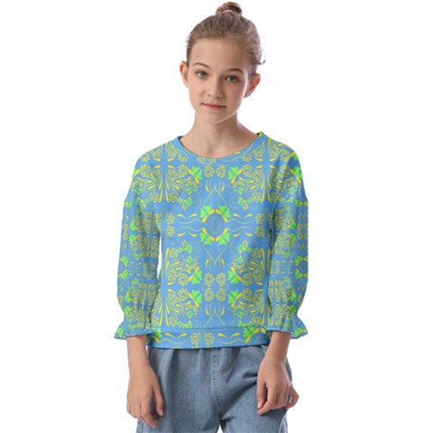 Floral Folk Damask Pattern Fantasy Flowers  Kids  Cuff Sleeve Top by Eskimos