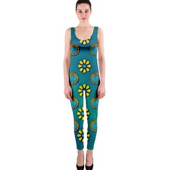 Yellow And Blue Proud Blooming Flowers One Piece Catsuit by pepitasart