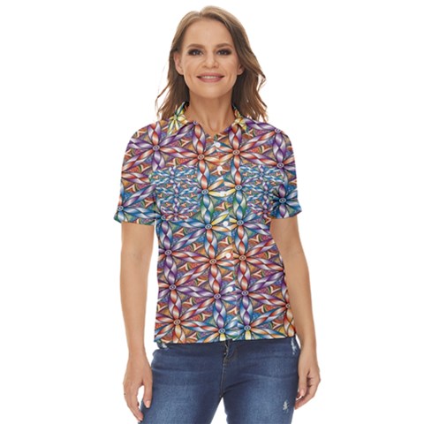 Colorful Flowers Women s Short Sleeve Double Pocket Shirt by Sparkle