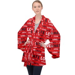 Love And Hate Typographic Design Pattern Long Sleeve Velvet Kimono  by dflcprintsclothing