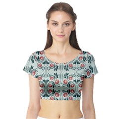 Folk Flowers Print Floral Pattern Ethnic Art Short Sleeve Crop Top by Eskimos