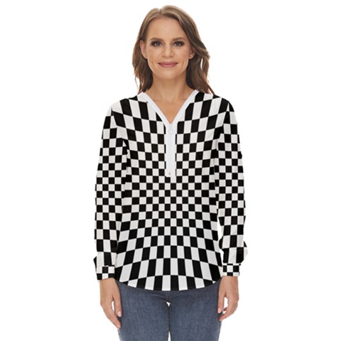 Illusion Checkerboard Black And White Pattern Zip Up Long Sleeve Blouse by Nexatart