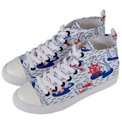 Nautical Cats Seamless Pattern Women s Mid-top Canvas Sneakers by Jancukart