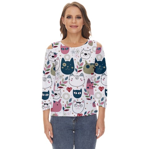 Pattern With Cute Cat Heads Cut Out Wide Sleeve Top by Jancukart