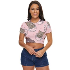 Seamless Pattern Adorable Cat Inside Cup Side Button Cropped Tee by Jancukart