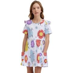 Easter Seamless Pattern With Cute Eggs Flowers Kids  Frilly Sleeves Pocket Dress by Jancukart