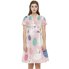Cute Bunnies Easter Eggs Seamless Pattern Short Sleeve Waist Detail Dress by Jancukart