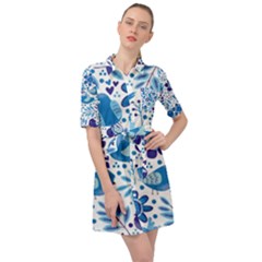 Pattern-with-birds Belted Shirt Dress by Jancukart