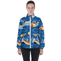 Seamless-pattern-with-nice-planes-cartoon Women s High Neck Windbreaker by Jancukart