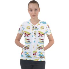 Vector-pattern-with-funny-animals-cartoon-summer-holiday-beach Short Sleeve Zip Up Jacket by Jancukart