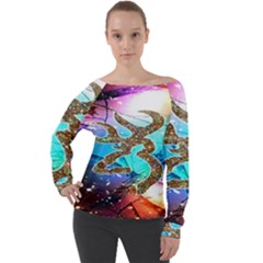 Browning Deer Glitter Galaxy Off Shoulder Long Sleeve Velour Top by artworkshop