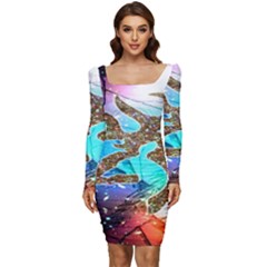 Browning Deer Glitter Galaxy Women Long Sleeve Ruched Stretch Jersey Dress by artworkshop