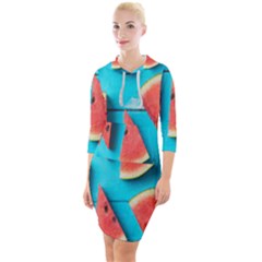 Watermelon Blue Background Quarter Sleeve Hood Bodycon Dress by artworkshop