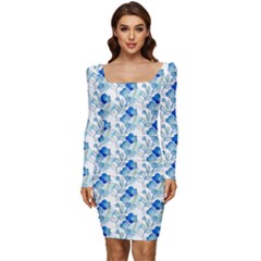 Flowers Pattern Women Long Sleeve Ruched Stretch Jersey Dress by Sparkle