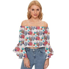 Flowers Diamonds Pattern Off Shoulder Flutter Bell Sleeve Top by Sparkle