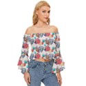 Flowers Diamonds Pattern Off Shoulder Flutter Bell Sleeve Top View3