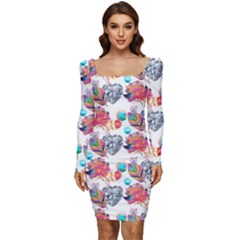 Flowers Diamonds Pattern Women Long Sleeve Ruched Stretch Jersey Dress by Sparkle