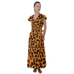 Orange Leopard Jaguar Dots Flutter Sleeve Maxi Dress by ConteMonfrey