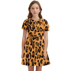 Orange Leopard Jaguar Dots Kids  Bow Tie Puff Sleeve Dress by ConteMonfrey