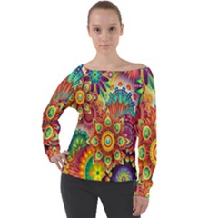 Mandalas Colorful Abstract Ornamental Off Shoulder Long Sleeve Velour Top by artworkshop