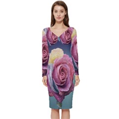 Rose Flower Love Romance Beautiful Long Sleeve V-neck Bodycon Dress  by artworkshop