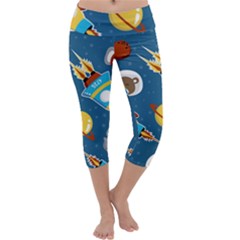 Seamless-pattern-vector-with-spacecraft-funny-animals-astronaut Capri Yoga Leggings by Jancukart