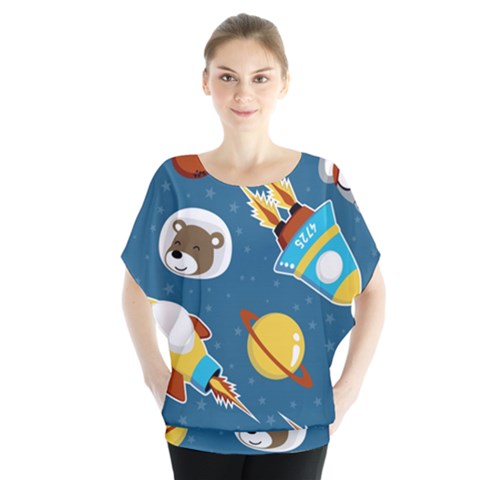 Seamless-pattern-vector-with-spacecraft-funny-animals-astronaut Batwing Chiffon Blouse by Jancukart