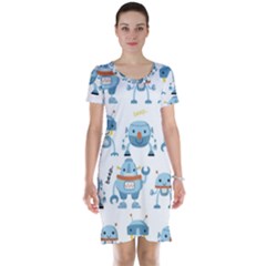 Seamless Pattern With Funny Robot Cartoon Short Sleeve Nightdress by Jancukart