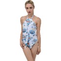 Seamless pattern with funny robot cartoon Go with the Flow One Piece Swimsuit View1