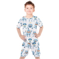 Seamless Pattern With Funny Robot Cartoon Kids  Tee And Shorts Set by Jancukart