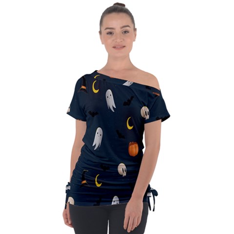 Halloween Ghost Pumpkin Bat Skull Off Shoulder Tie-up Tee by artworkshop