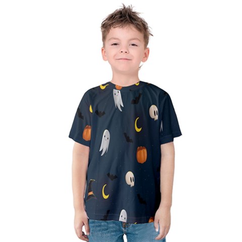 Halloween Ghost Pumpkin Bat Skull Kids  Cotton Tee by artworkshop