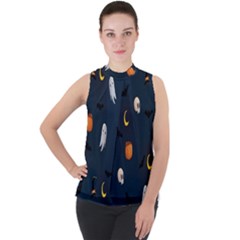 Halloween Ghost Pumpkin Bat Skull Mock Neck Chiffon Sleeveless Top by artworkshop