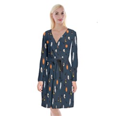 Halloween Ghost Pumpkin Bat Skull Long Sleeve Velvet Front Wrap Dress by artworkshop