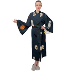 Halloween Ghost Pumpkin Bat Skull Maxi Velour Kimono by artworkshop