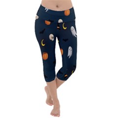 Halloween Ghost Pumpkin Bat Skull Lightweight Velour Capri Yoga Leggings by artworkshop