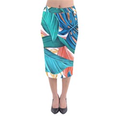 Leaves Tropical Exotic Velvet Midi Pencil Skirt by artworkshop